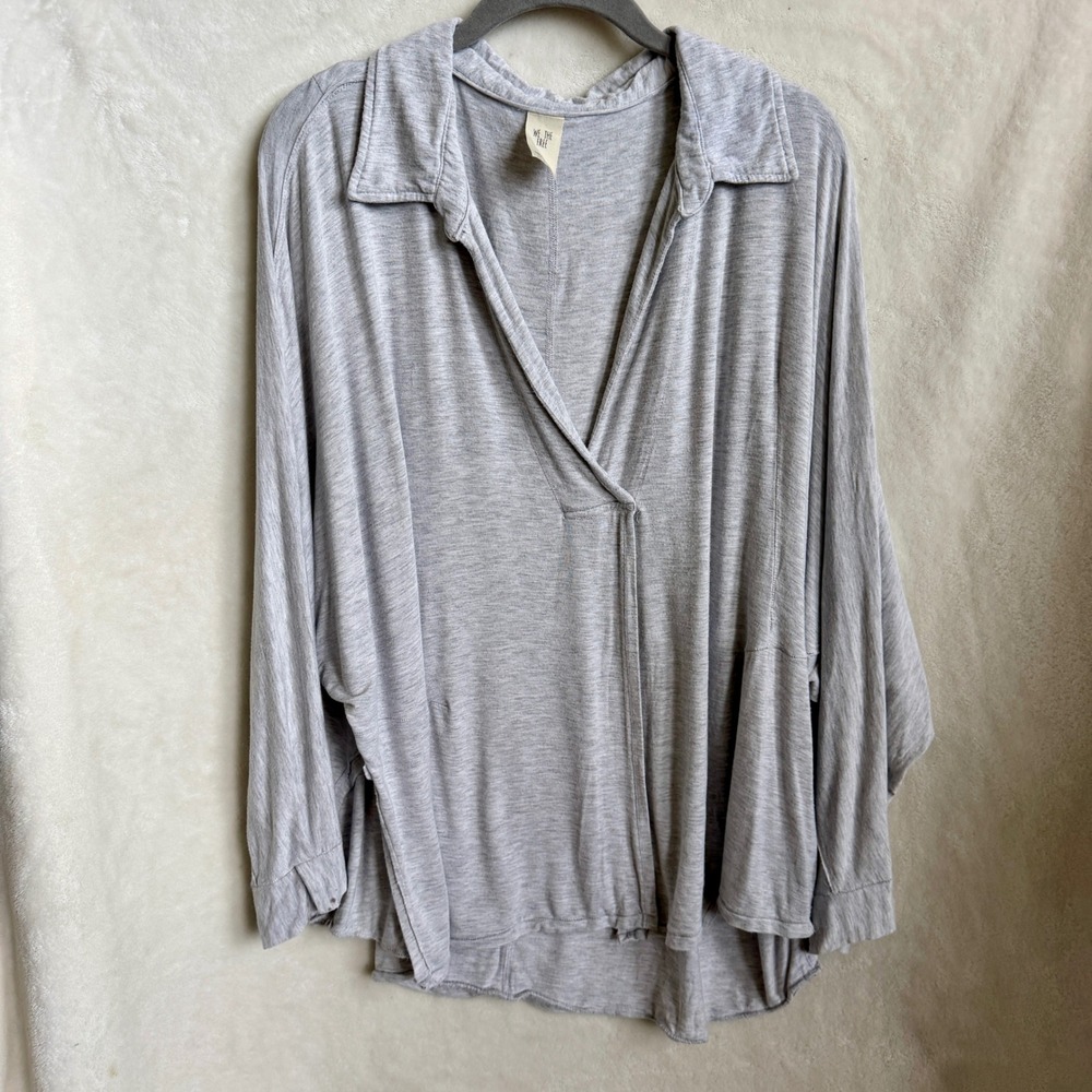 We The Free Gray Heather Draped Wrap Cardigan Top Size L Dolman Sleeve Rayon